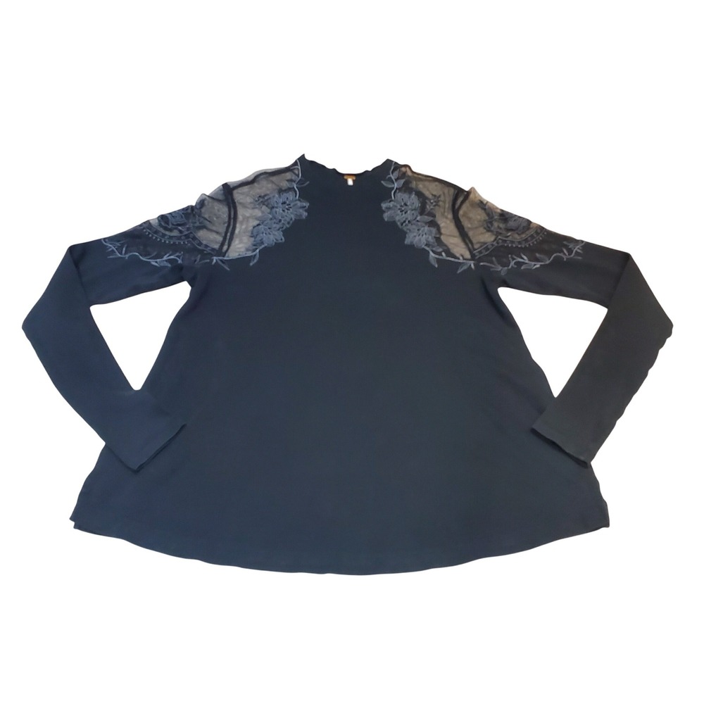FREE‎ PEOPLE Daniella Black Sheer Floral Lace Shoulder Swing Tunic Top Sweater S